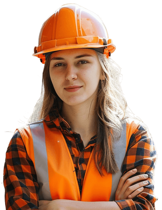 woman wearing orange vest stands front building with number 1 it 1 1